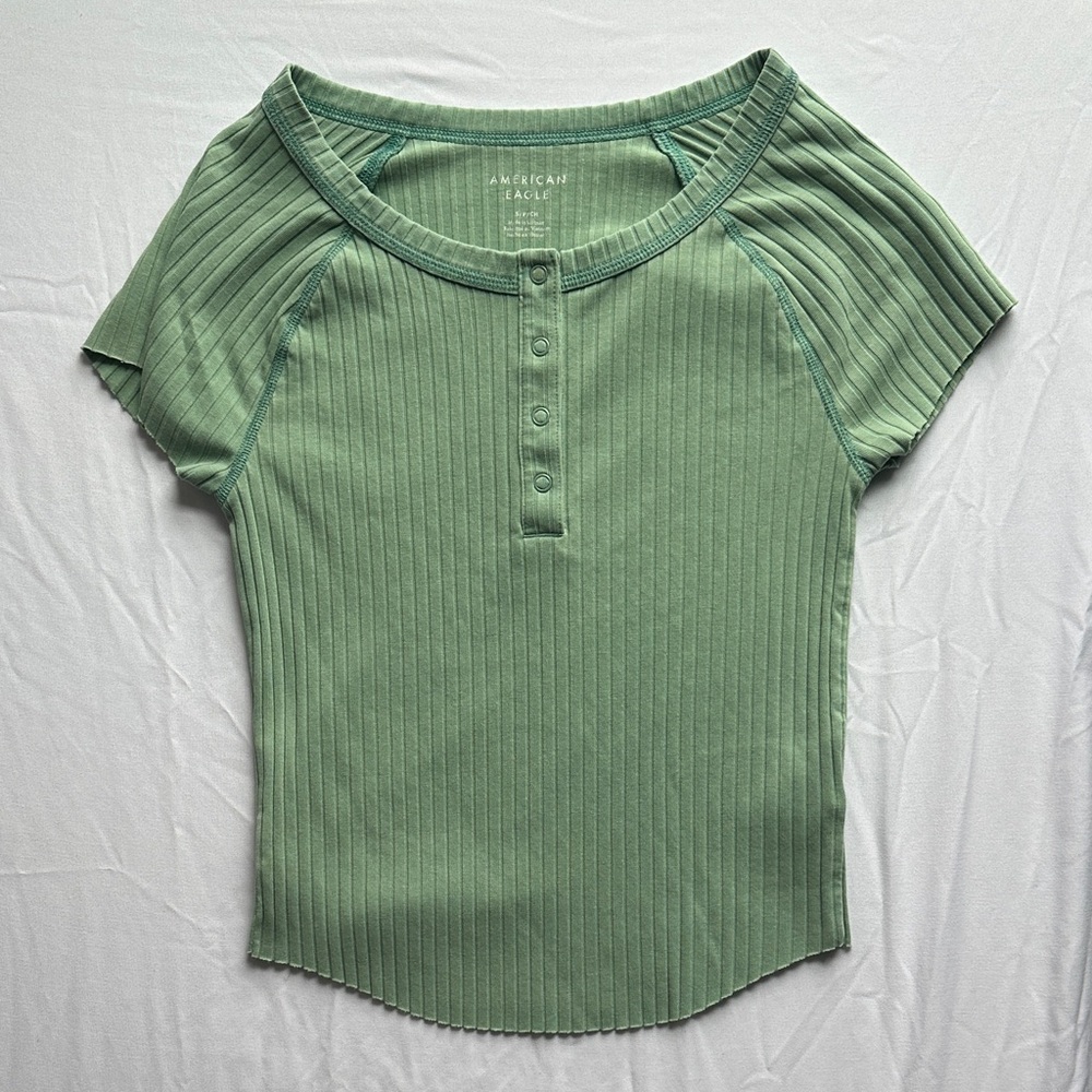 American Eagle Outfitters Sage Green Ribbed Short Sleeve Top
